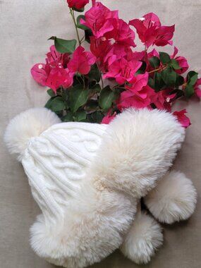 White Faux Fur Pom Pom Winter Hat Cable Knit Cozy Beanie Soft Plush